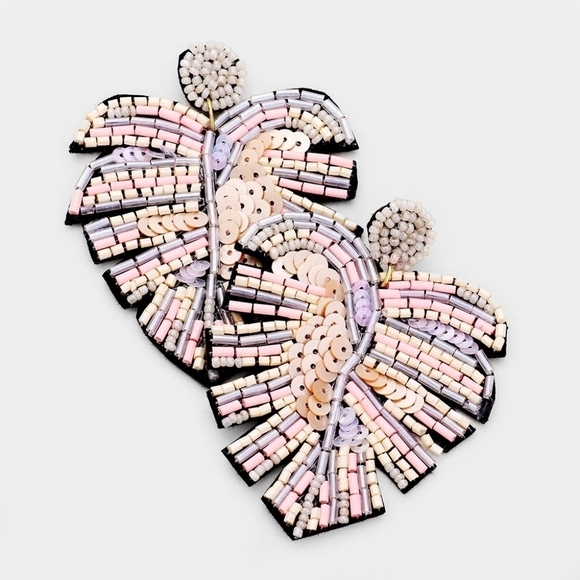 NWT Pink Beaded Sequin Tropical Leaf Statement Earrings - Picture 1 of 9